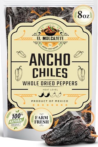 Dried Ancho Chiles 8oz Whole Mild Mexican Chili Peppers Mole Enchiladas | Sweet smoky dried poblano. Rehydrate for birria, tamales, salsa, sauces & stews. All natural. Resealable bag.