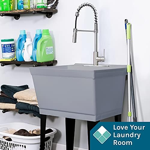 Utility Sink Extra-Deep Laundry Tub in White with High-Arc Stainless Steel Coil Pull-Down Sprayer Faucet, Integrated Supply Lines, P-Trap Kit