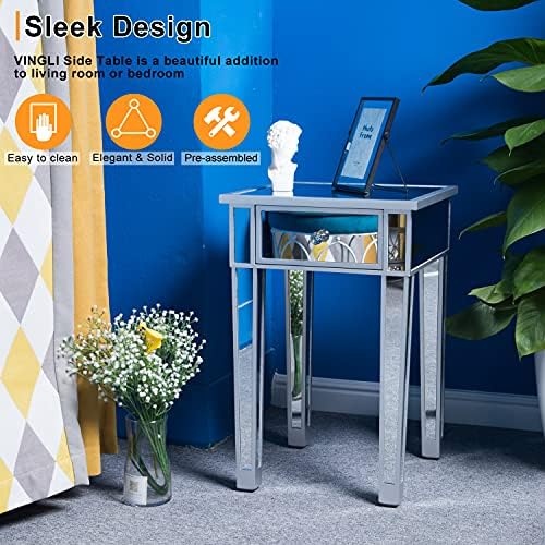 VINGLI Mirrored End Table with Drawer Silver Modern Nightstand/Bedside/Accent Table for Small Space, Living Room, Bedroom, 15.7" L x 15.7" W x 24" H