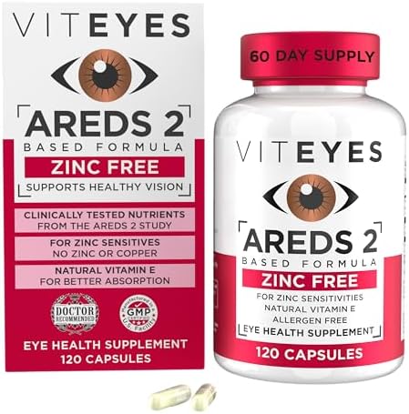 Viteyes AREDS 2 Zinc Free Macular Support, Natural Allergen Free Capsules with Vitamin E, Vitamin C, Lutein & Zeaxanthin, No Zinc, No Copper, Eye Doctor Trusted, Manufactured in the USA, 180 Ct