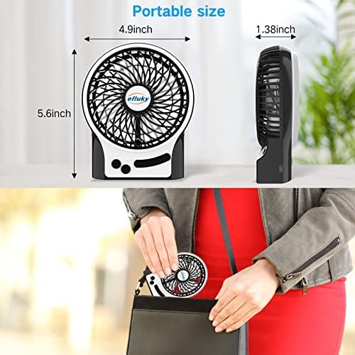 efluky 4.9-Inch Mini Desk Fan - 3 Speeds, Rechargeable Battery/USB Powered with LED Light, Quiet Portable Fan for Home, Office, Travel, Camping (Black)