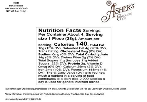 Asher's Chocolates, Gourmet Chocolate Covered Almond Bark, Sweet and Salty Candy with Almonds, Small Batches of Kosher Chocolate, Family Owned Since 1892 (1 Pound, Dark Chocolate)
