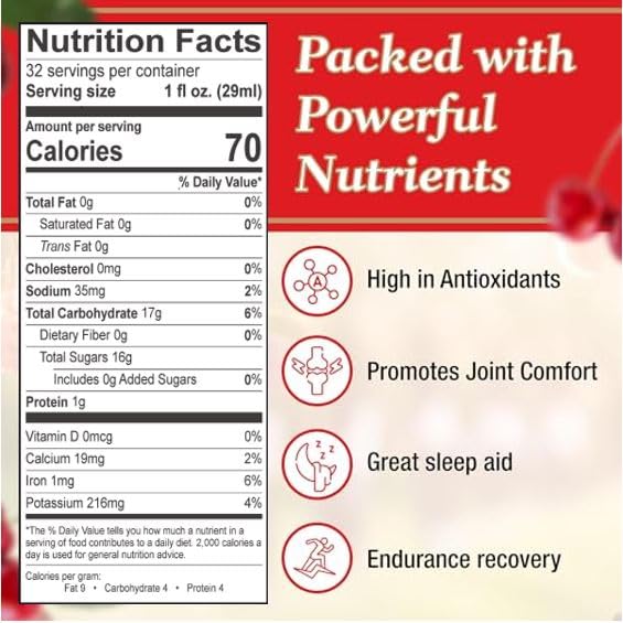 Tart is Smart Montmorency Tart Cherry Juice Concentrate, Cherry Juice Bottle Beverage, Rich in Antioxidants, Ideal for Muscle Recovery and Sleep Support, No-Added Sugar - 32 Ounce Bottle (Pack of 1)