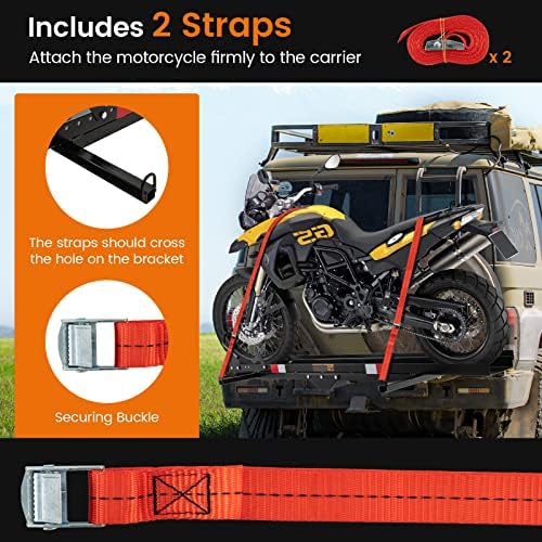 Goplus Motorcycle Hitch Carrier, 600LBS Motorcycle Carrier Hitch Mount with 2 Straps, Loading Ramp, Dirt Bike Trailer, Heavy Duty Motor Cycle Rack