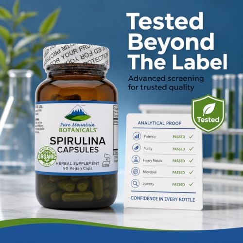 Pure Mountain Botanicals Spirulina Capsules 90 Count - 450mg Organic Spirulina - Kosher Vegan Non-GMO - Superfood Supplement - Espirulina