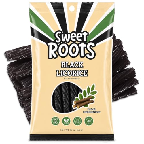 Sweet Roots Black Licorice Twists – 1 Bag (16 oz) – Jumbo Size Candy Sticks | Vegan, Fat Free, Kosher | Soft Gourmet Licorice Candy with Classic Black Licorice Flavor