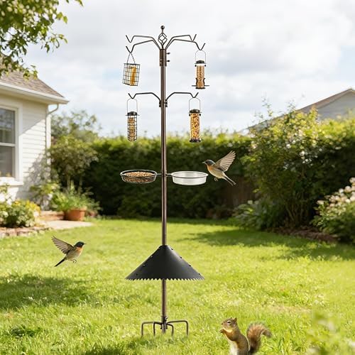 Deluxe Bird Feeding Station Kit with Multi Feeder Hanging Pole, Metal Suet Feeder, Bird Bath