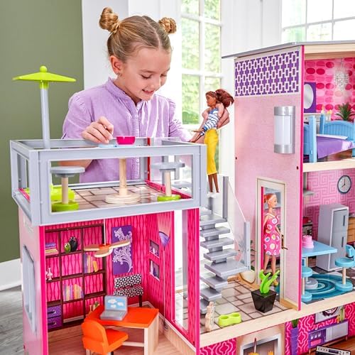 KidKraft Uptown Wooden Modern Dollhouse with Lights & Sounds, Pool and 36 Accessories | Over 3 Feet Tall Pink Mansion Doll House, Working Elevator