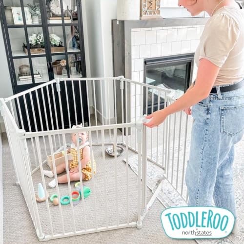Toddleroo by North States - 3 In 1 Metal Superyard Baby Play Yard: 6 Panel Playpen, Safety Gate, or Extra Wide Baby Fence - Encloses Up to 10 Square Feet - 30 Inches Tall - Taupe