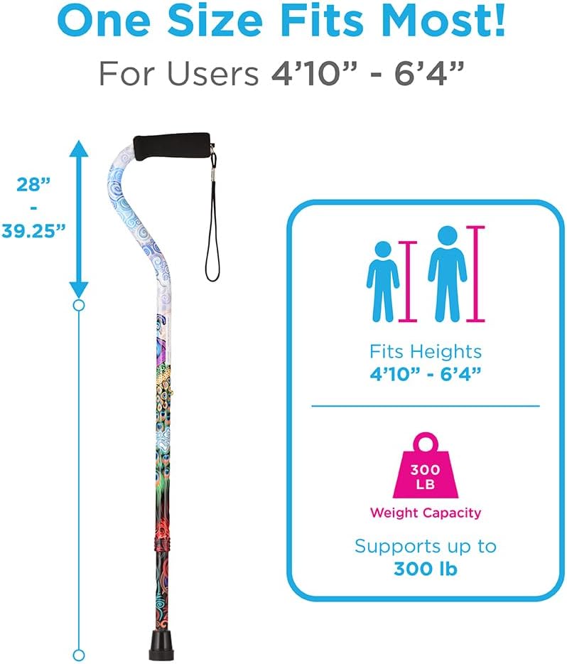 NOVA Designer Walking Cane with Offset Handle, Lightweight Adjustable Walking Stick with Carrying Strap, “Maui Flowers” Design
