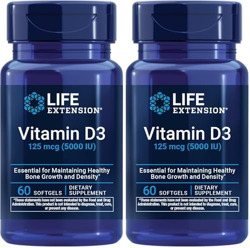 Life Extension Vitamin D3 125 mcg (5000 IU), Bone Health, Brain Performance, Immune System Support, Gluten-Free, Non-GMO, Once Daily, Two-Month Supply, 60 Softgels | Bone Health, Cognitive Health & Immune System Support, Gluten-Free & Non-GMO, Once Daily…