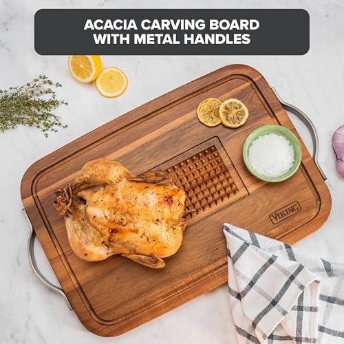 Viking Cutting Board, Acacia Wood Kitchen Butcher Block Carving Board with Juice Groove and Metal Handles, 23 x 14 x 1 Inch