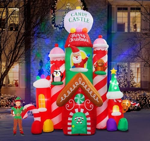 [Flash Light] 10FT Tall Christmas Inflatable Outdoor Decoration Candy Castle with Santa Gingerbread and Penguin