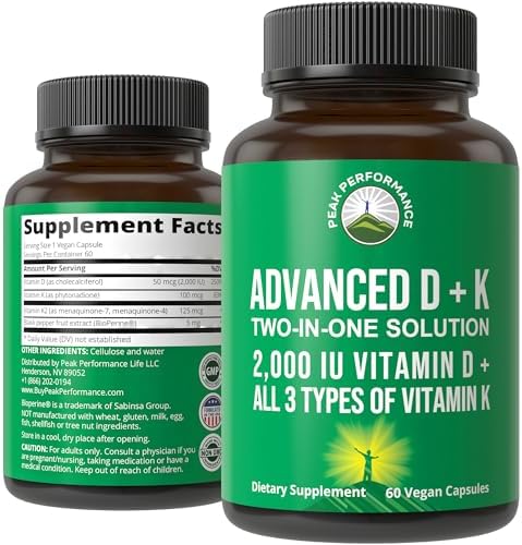 Peak Performance Advanced Vitamin D 2000 IU with All 3 Types of Vitamin K | Vitamin D3 and Vitamin K2, K1, MK-7 (MK7)