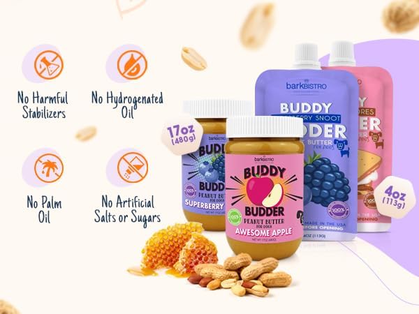 BUDDY BUDDER, Ruff Ruff Raw, Natural Dog Peanut Butter, Dog TreatMade in USA, (17 oz Jars)