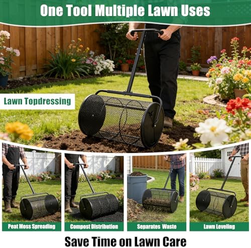 Peat Moss Spreader, 24 Inch Compost Spreader 21"-32" Height Adjustable Handle Top Soil Sand Manure Mulch Top Dressing Lawn and Garden Spreader