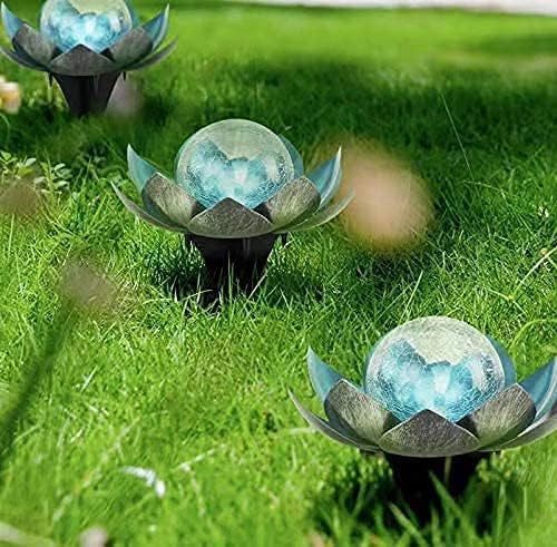 Outdoor Solar Lights, Garden Decor, Crackle Glass Globe, Waterproof Metal Lotus Flower Light for Patio, Lawn, Walkway, Tabletop, Ground