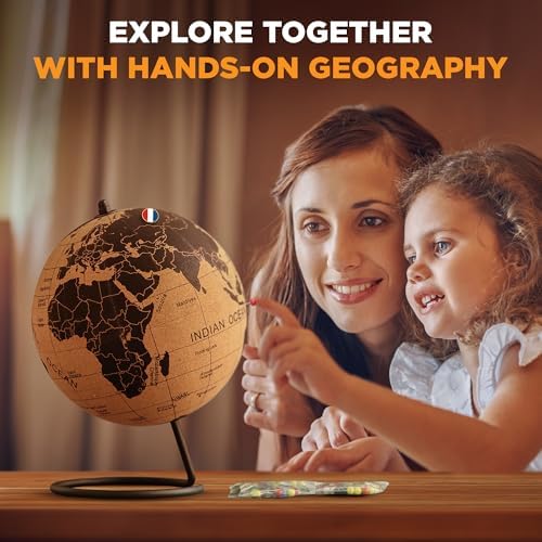 Cork Globe with Push Pins - 9.4” Globe with Map of the World and Rotating Stand for Adults