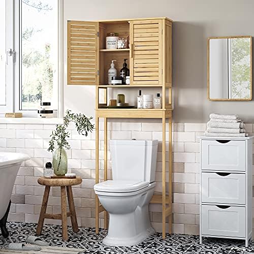 SONGMICS Bamboo Over The Toilet Storage Cabinet, Adjustable Inside Shelf