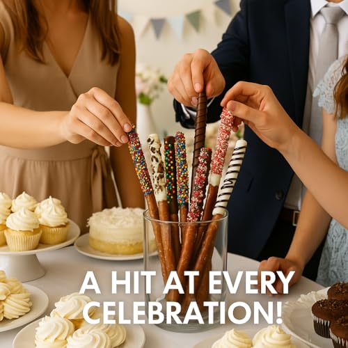 Chocolate Covered Pretzel Rods Gourmet Pretzel Sticks with Rainbow Sprinkles & Assorted Toppings Bulk 50 pack Individually Wrapped Chocolate Covered