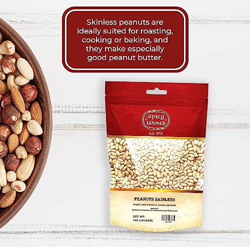Spicy World Skinless Peanuts, Blanched Raw Peanuts (Uncooked, Unsalted) 4 Pound (64oz) ~ All Natural USA Grown