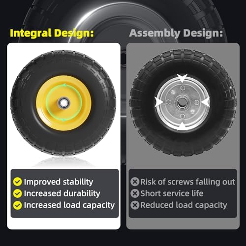 【UPGRADED】4.10/3.50-4 Tire and Wheel Flat Free, 10 Inch Solid Rubber Tire with 5/8”Axle Bore Hole and Double Sealed Bearings