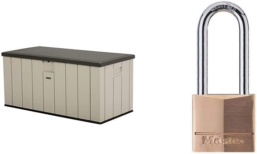 LIFETIME 60254 Heavy-Duty Outdoor Storage Deck Box, 150 Gallon, Desert Sand/Brown & Master Lock 140DLH Padlock, 1 Pack, Bronze/Silver