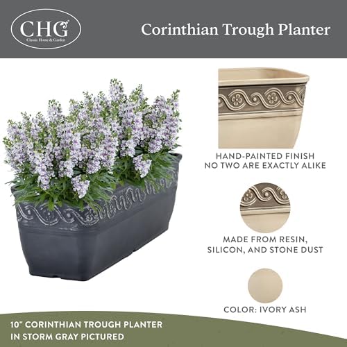 Corinthian Rectangular Planter Box w/Drain Plug, 10" Ivory Ash