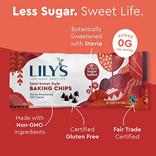 Semi-Sweet Chocolate Style Baking Chips by Lily's Sweets | Stevia Sweetened, No Added Sugar, Low-Carb, Keto-Friendly | 9oz, Pack of 12