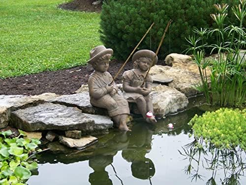 Fishing Boy & Girl Cast Stone Statues - Sculptures - Classic Iron Finish - Great Garden Gift Idea!