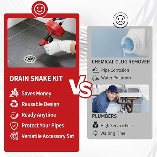 Drain Snake 25 Ft with Drill Attachment, Auto Feed 1/4 Inch Plumbing Snake for Sink, Shower & Tub Clogs, Manual or Drill-Powered Drain Auger, with Gloves, Safety Glasses & Storage Bag