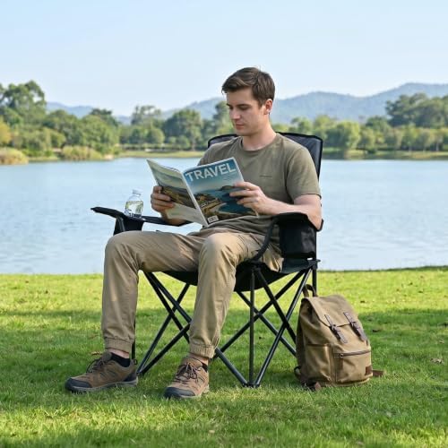 EVER ADVANCED High Back Folding Camping Chair Oversized and Fully Padded, Portable Quad Camp Lawn Chair Up to 400 lbs, with Cup Holder Armrest Carrying Bag