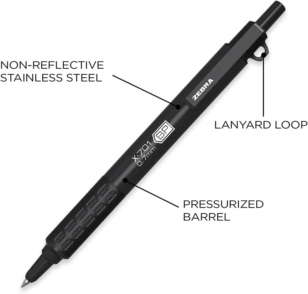 Zebra Pen STEEL X-701 Tactical Ballpoint Pen, Black Ink, 0.7mm, 1-Pack