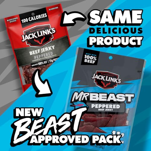 Jack Link's MrBeast Beef Jerky, Peppered Beef Jerky - 10 Count | As Seen on Beast Games, 11g Protein, Made with 100% Real Beef, Pantry-Ready Snacks