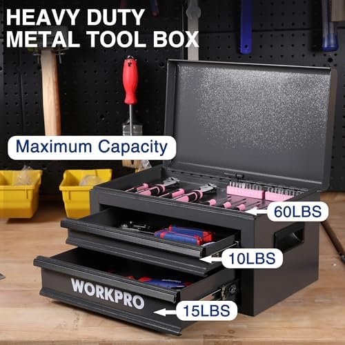 WORKPRO 15 Inch Metal Tool Box with 2 Drawers & 1 Top Storage, Heavy Duty Portable Tool Box with Handle for Garage, Office and Home, Up To 85 LBS Load Capacity
