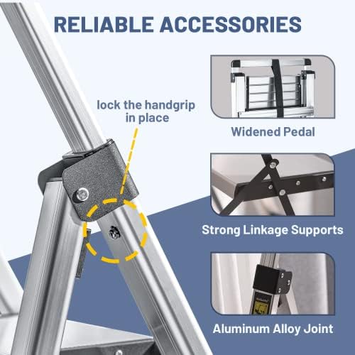 XinSunho 3 Step Ladder, Aluminum Folding Stool with Retractable Handgrip
