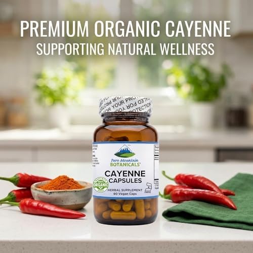 Pure Mountain Botanicals Cayenne Pepper Capsules - 500mg Organic, 90 Ct | Vegan, Kosher Certified, Gluten-Free, Capsaicin 40000-60000 HU