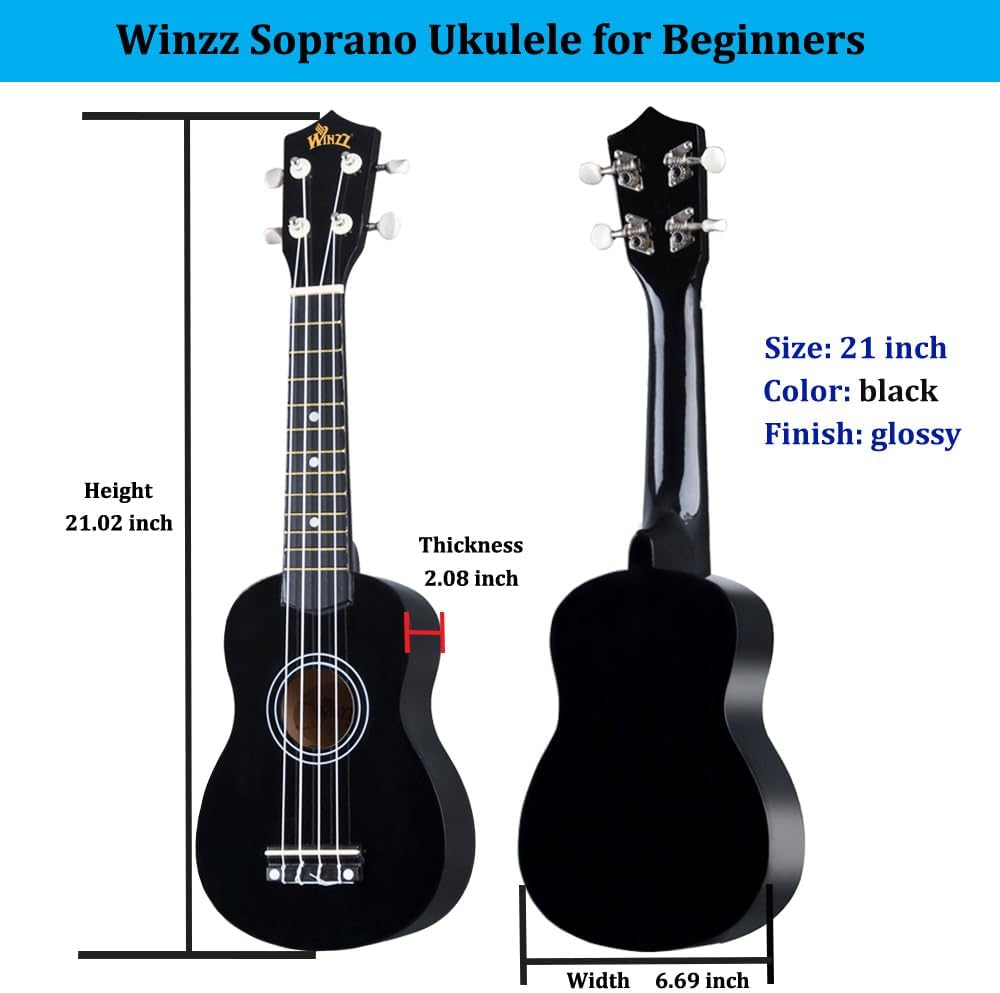 Winzz Soprano Ukulele Starter Kit For Beginners with Bag, Clip-On Tuner, Extra Strings, Strap, Plectrum, Fret Stickers, Chords Card, Polishing Cloth, Black