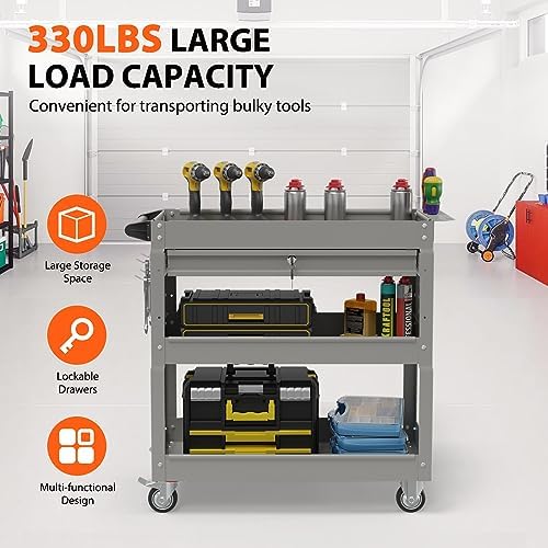 3-Tier Heavy Duty Utility Cart on Wheels, Rolling Tool Cart on Wheels with a Drawer, 350 Lbs Load Capacity Service Cart for Warehous, Garage and Repair Shop (Black)