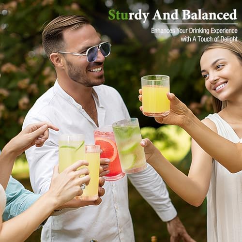 Ribbed Drinking Glasses Cups Set of 8 Large Capacity Highball 17oz&12oz | Rocks Cocktail Glasses Ideal for Beer, Juice, Water, Ice Coffee Cup, Whiskey