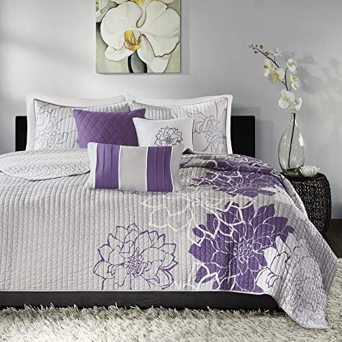 Madison Park Cotton Casual Floral Quilt Set, 6PC Full/Queen Coverlet | Channel Stitching Design, All Season, Lightweight Coverlet Bedspread Bedding, Shams, Decorative Pillows, Taupe Grey/Purple