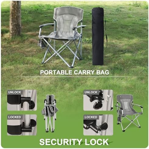 Lightweight Folding Hard Arm Camping Chair,Mesh Back,Heavy Duty,Padded Backpack Camp Chair w/Cup Holder,Cooler Bag for Adults Garden Parties,Grey
