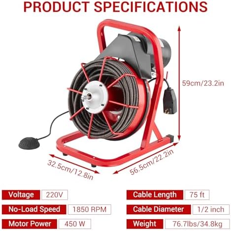 75 ft x 1/2 in Drain Cleaner Machine, 400W Electric Drain Snake with 6 Cutters & Foot Switch for 1 in to 4 in Pipes, Heavy Duty Sewer Auger for Sinks
