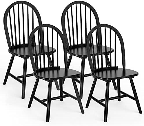 GIANTEX Wood Dining Chairs Set of 4, Windsor Chairs with Solid Wood Legs, High Spindle Back, H-Shaped Crossbars