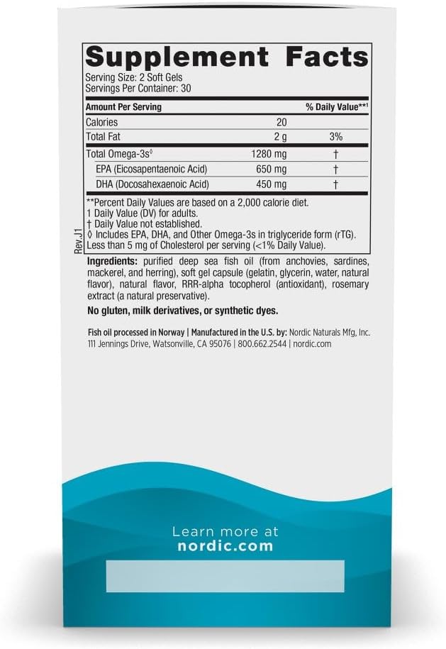 Nordic Naturals Ultimate Omega, 1280mg Omega-3 Fish Oil, Lemon - 60 Count | High-potency Omega-3 Fish Oil with EPA & DHA supports brain & heart health. Non-GMO, burpless formula. 30 servings.