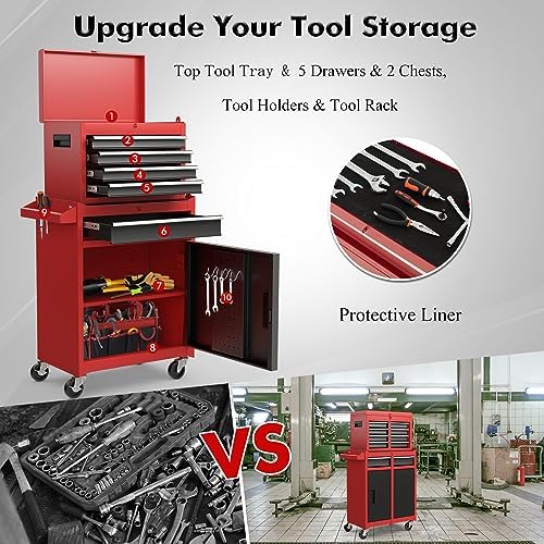 Goplus Rolling Tool Chest, 5-Drawer Tool Box Organizer w/Lockable Wheels & Sliding Drawers & Detachable Top & Adjustable Shelf