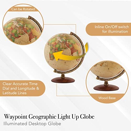 Waypoint Geographic Light Up Globe - Lugano 12” Desk Decorative Illuminated Globe with Stand and Blue Ocean, Up to Date
