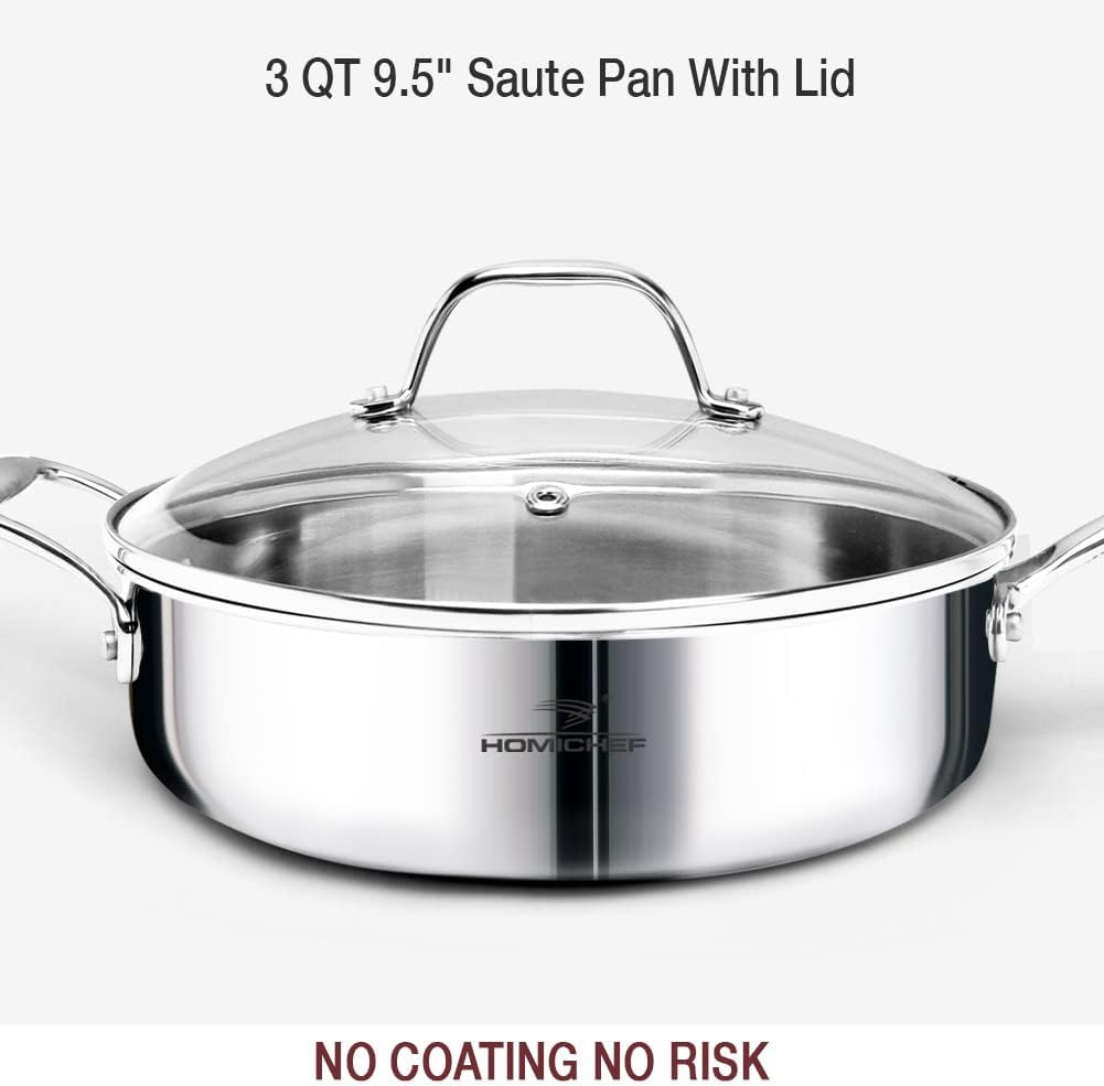 HOMICHEF 14-Piece Nickel Free Stainless Steel Cookware Set Whole-Clad 3-Ply - Mirror Polished Pots And Pans Set - Healthy Cookware Set With Steamer