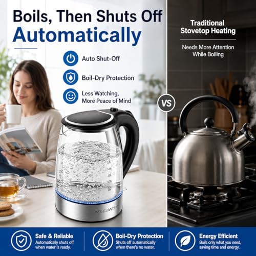 MEGAWISE 1.8L Electric Glass Kettle with Auto Shut-Off and Blue LED