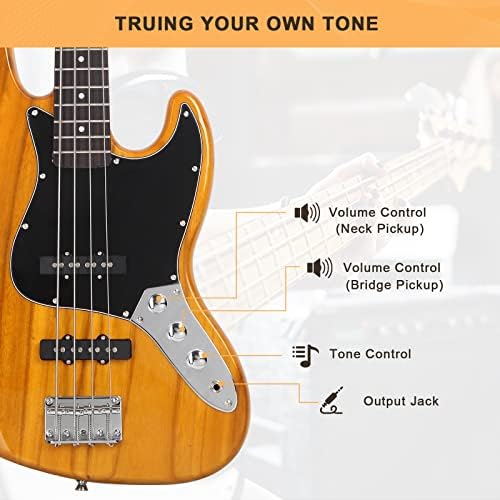 GLARRY 4 String GJazz Electric Bass Guitar Full Size Right Handed with Guitar Bag, Amp Cord and Beginner Kits (Transparent Yellow)